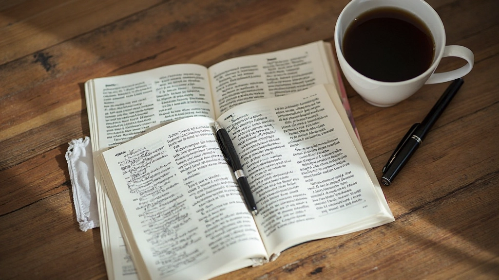 Tafelscène met Nederlands woordenboek, notitieboekje en koffiekopje op houtje