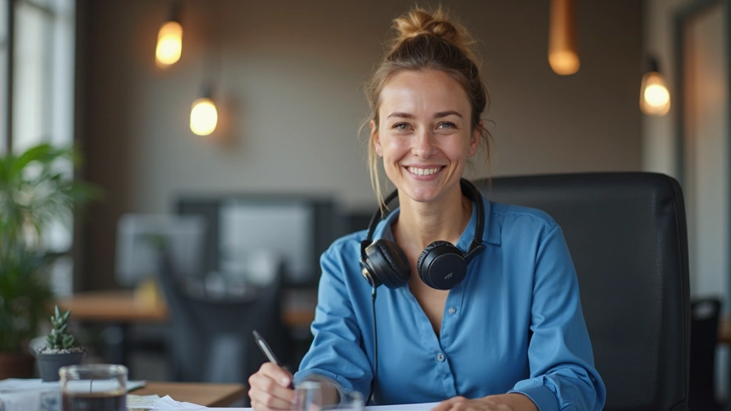 Vrouw in haar dertig, volledig gekleed in kantoorkleding, zit aan bureau met Nederlands lesmateriaal en koptelefoon, glimlacht naar camera